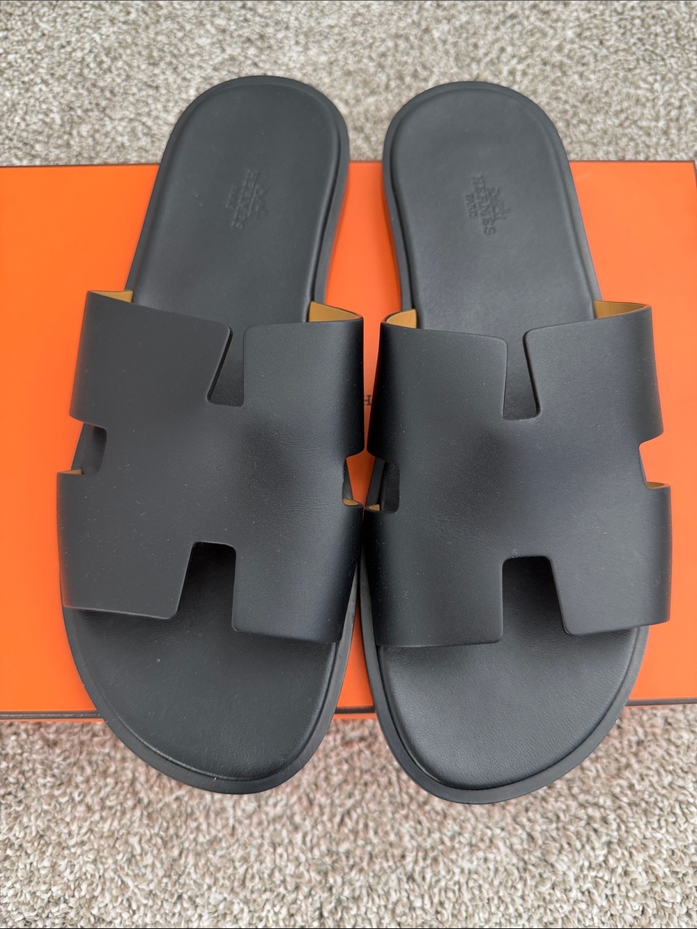 Hermes Men's Black Leather H-Cut Slide Sandals